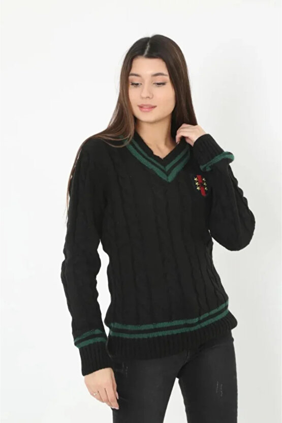 V Yaka Örgülü Kazak - Siyah