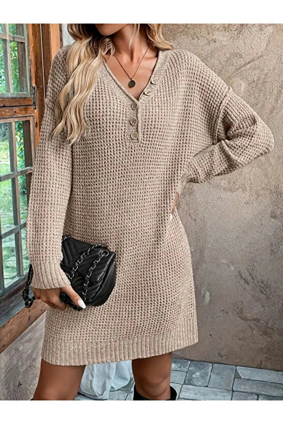 Kadın Uzun Kollu V Yakalı Düğmeli Mini Triko Taş Renkli Elbise