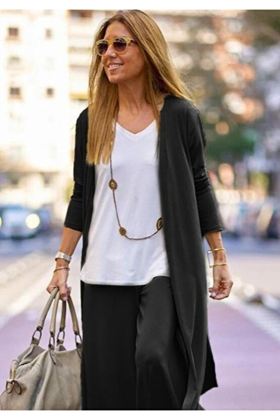 Kadın Uzun Kollu önü Açık Viskon Ceket Ve Pantolon Ikili Takım