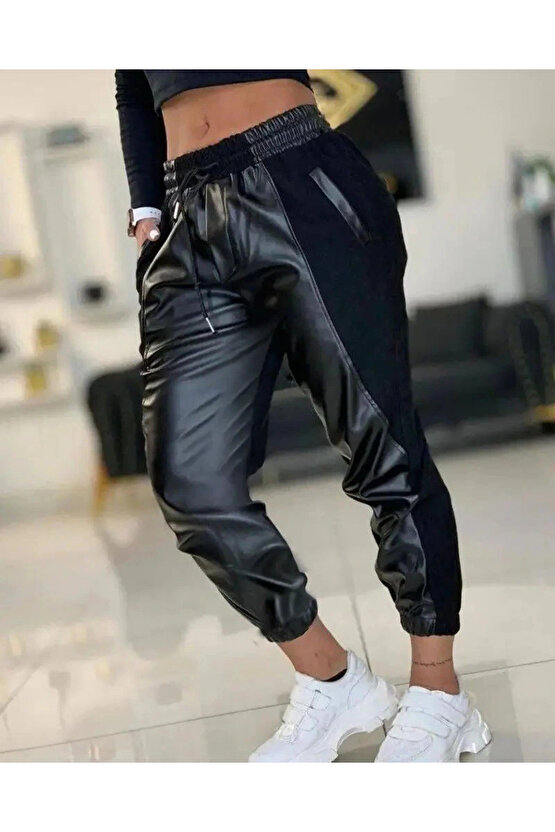 Kadın Yüksek Bel Lastikli Cepli Deri Detaylı Dalgıç Pantolon