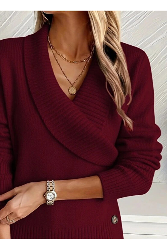 Kadın Uzun Kollu Yakalı Yandan Düğmeli Triko Bluz