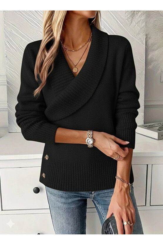 Kadın Uzun Kollu Yakalı Yandan Düğmeli Triko Bluz