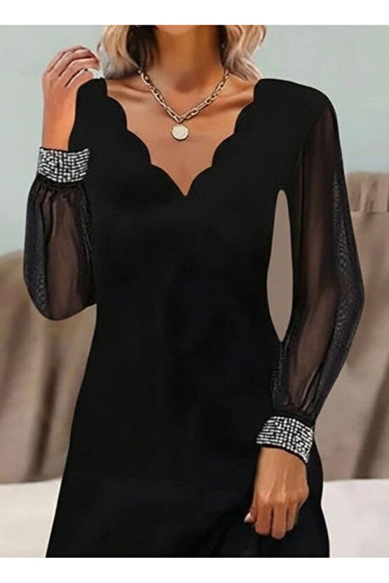 Kadın Uzun Kollu V Yaka Lazer Kesimli Tül Detaylı Mini Ithal Krep Elbise