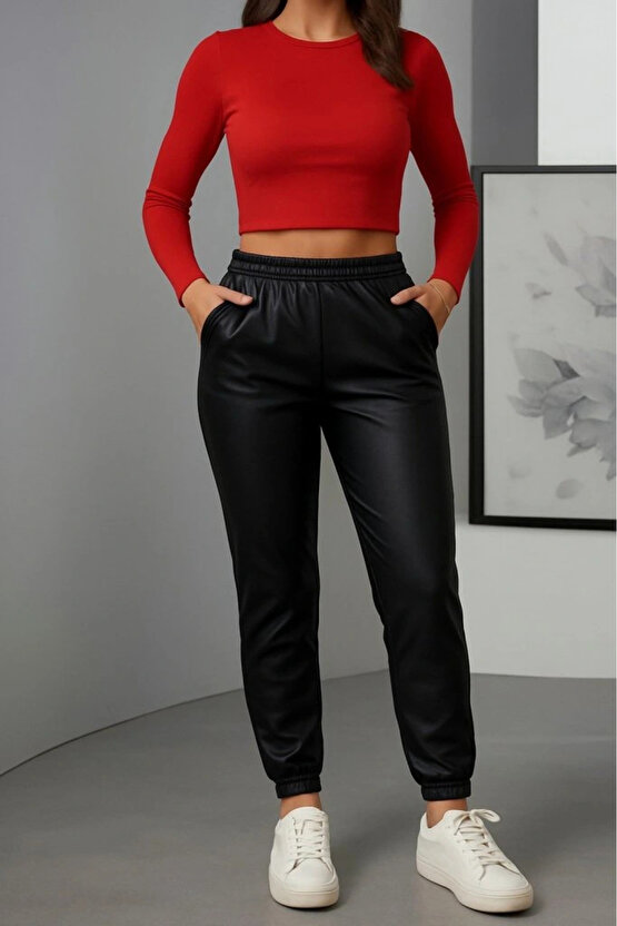 Kadın Paçası Lastikli Cep Detaylı Deri Tayt