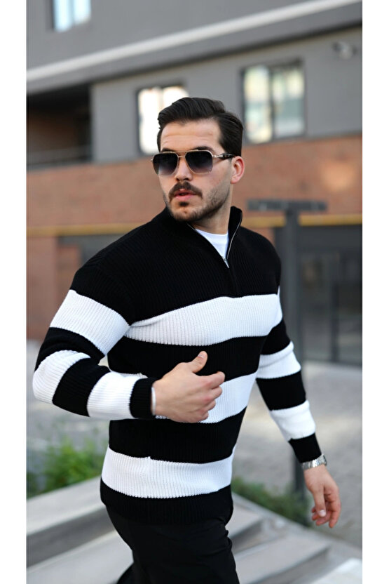 Erkek Şerit Renk Desenli Zip Yaka Kazak