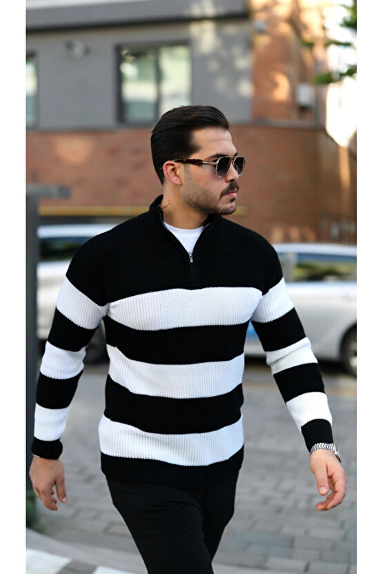 Erkek Şerit Renk Desenli Zip Yaka Kazak