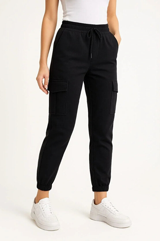 Kadın Siyah Jogger Eşofman Altı Rahat Kalıp, Kargo Cepli, Lastikli Paça, Günlük Spor Pantolon - Siya