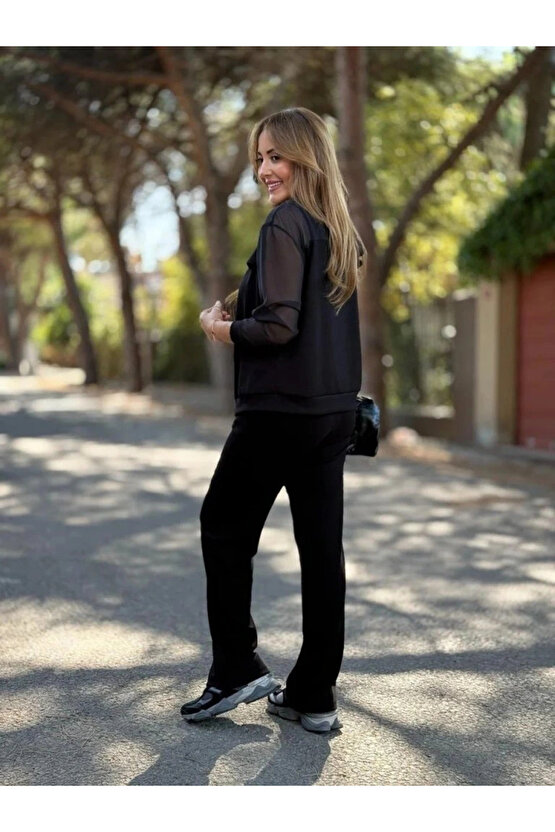 Kadın Uzun Kollu Tül Detaylı önü Düğmeli Viskon Iki Iplik Ceket Ve Pantolon Ikili Takım