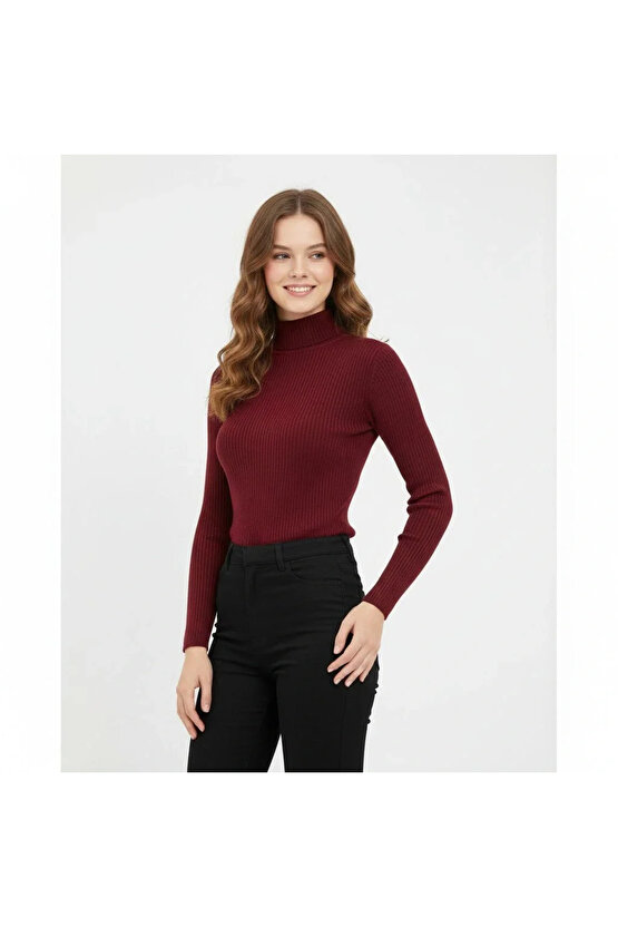 Kadın Tam Boğazlı Fitilli Likrali Koşkorse Badi - Bordo