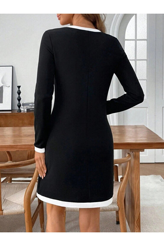 Kadın Uzun Kollu Yuvarlak V Yakalı şerit Detaylı Modal Mini Elbise