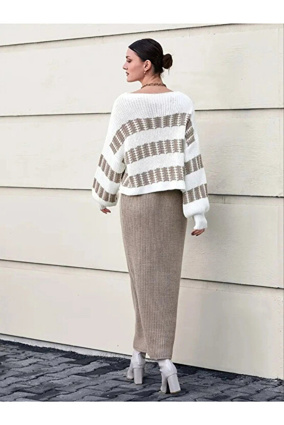 Kadın Uzun Kollu Kayık Yakalı Salaş Triko Bluz Ve Etek Ikili Takım