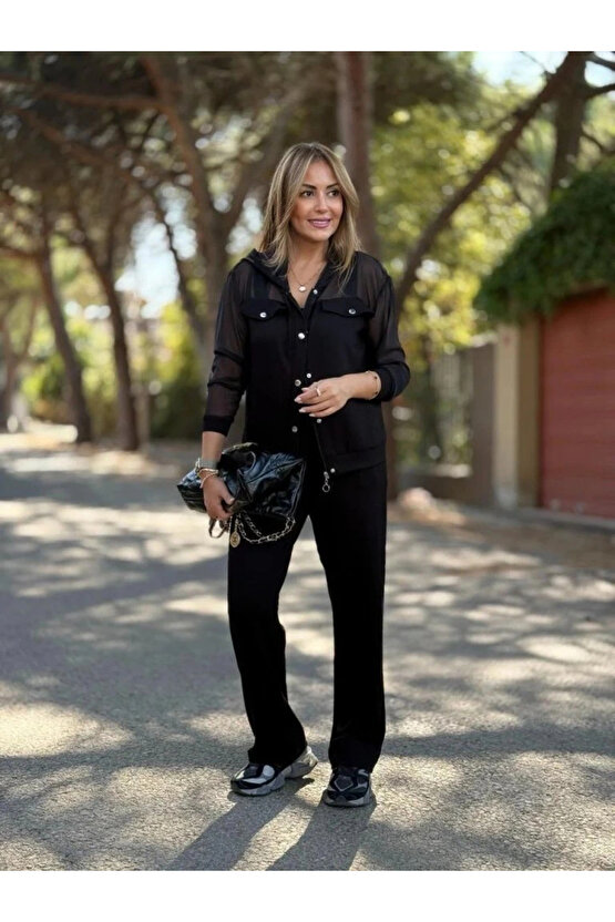 Kadın Uzun Kollu Tül Detaylı önü Düğmeli Viskon Iki Iplik Ceket Ve Pantolon Ikili Takım