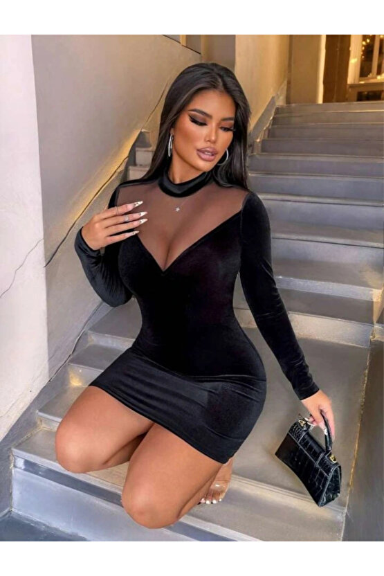 Kadın Uzun Kollu Balıkçı Yaka Tül Detaylı Mini Kadife Elbise
