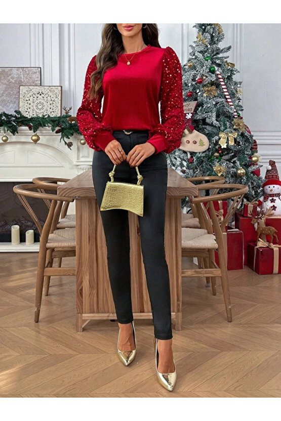 Kadın Uzun Kollu Bisiklet Yaka Kollar Pulpayet Kadife Bluz