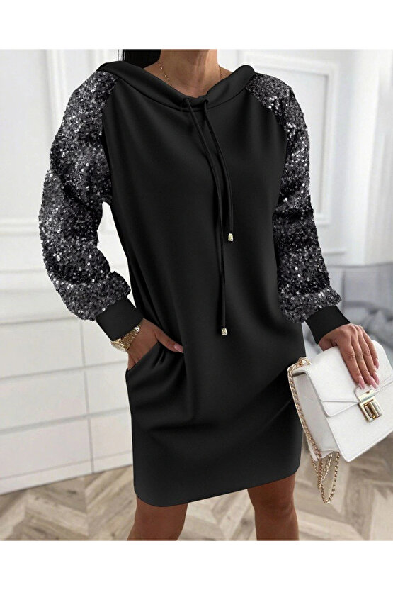 Kadın Uzun Kollu Pulpayetli Bağcıklı Cep Detaylı Mini Viskon Iki Iplik Elbise