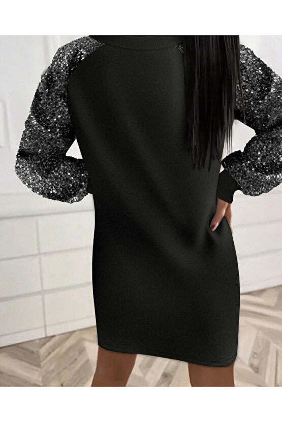 Kadın Uzun Kollu Pulpayetli Bağcıklı Cep Detaylı Mini Viskon Iki Iplik Elbise