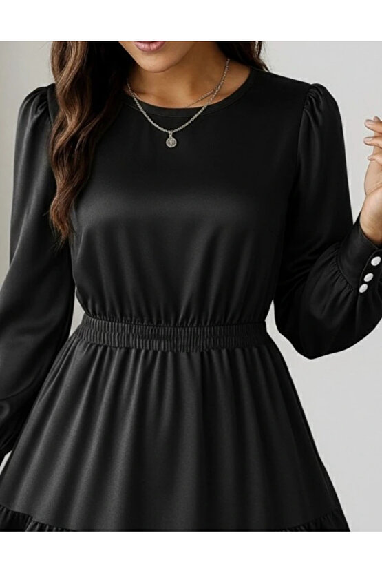 Kadın Uzun Kollu Bisiklet Yaka Beli Lastikli Fırfırlı Ithal Krep Elbise