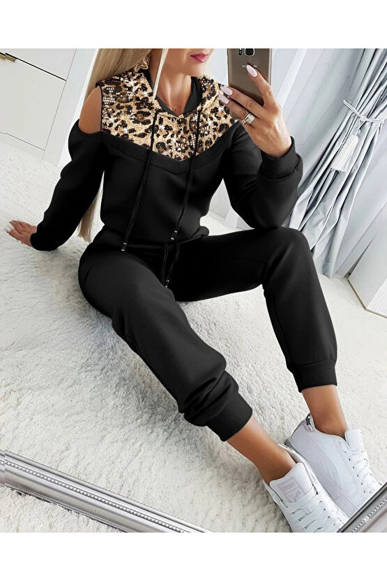 Kadın Uzun Kollu Omuzlardan Açık Leopar Desenli Kapşonlu Viskon Iki Iplik Bluz Ve Pantolon Ikili Tak