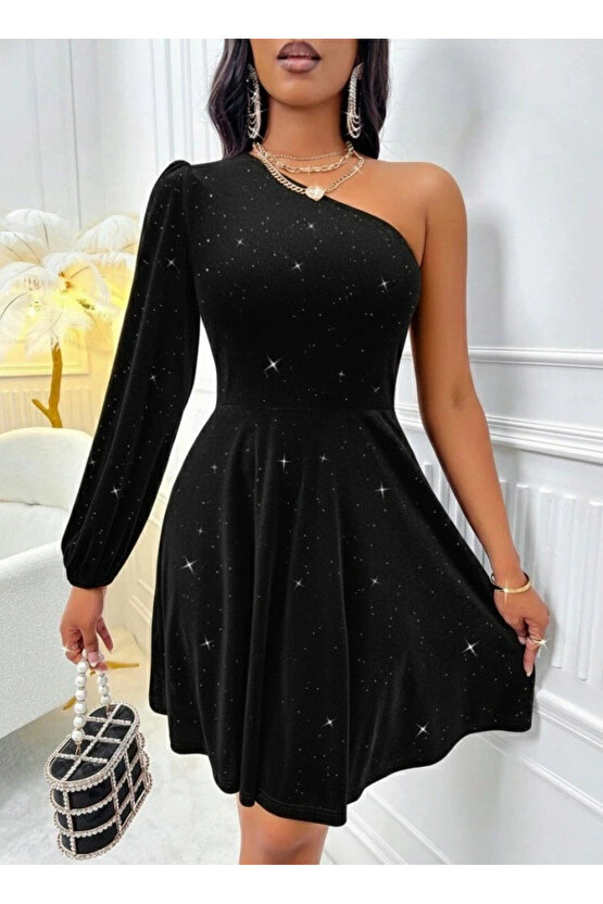 Kadın Tek Omuzdan Açık Uzun Kollu Taşlı Mini Elbise