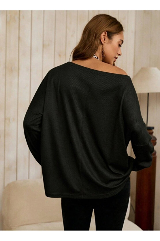 Kadın Tek Omuzdan Açık Yarasa Kollu Waffle Bluz