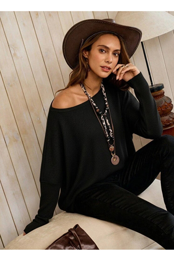 Kadın Tek Omuzdan Açık Yarasa Kollu Waffle Bluz