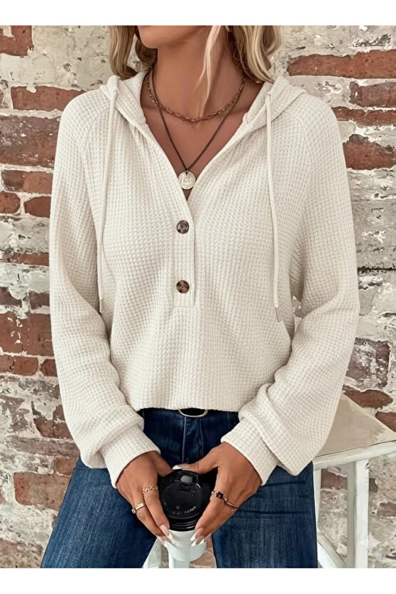 Kadın Uzun Kollu Kapşonlu önü Düğmeli Ve Bağcıklı Waffle Bluz
