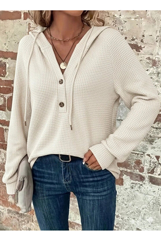 Kadın Uzun Kollu Kapşonlu önü Düğmeli Ve Bağcıklı Waffle Bluz