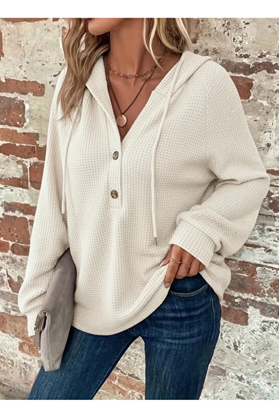 Kadın Uzun Kollu Kapşonlu önü Düğmeli Ve Bağcıklı Waffle Bluz