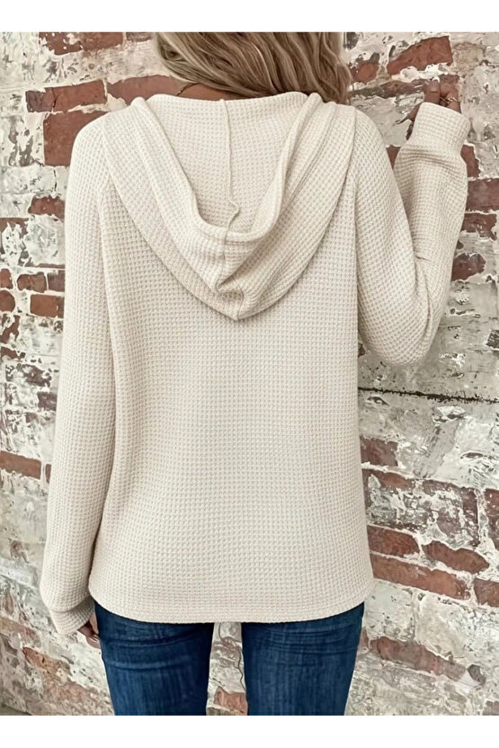 Kadın Uzun Kollu Kapşonlu önü Düğmeli Ve Bağcıklı Waffle Bluz