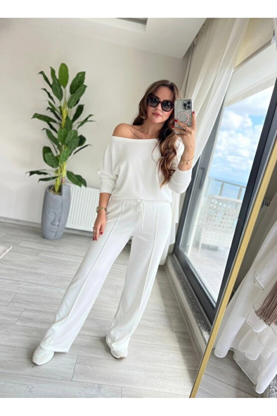 Kadın Uzun Kollu Tek Omuzdan Açık Dalgıç Bluz Ve Pantolon Ikili Takım