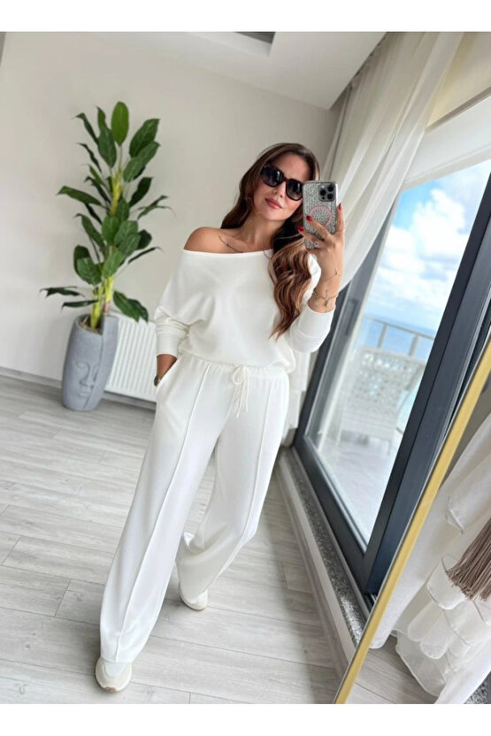Kadın Uzun Kollu Tek Omuzdan Açık Dalgıç Bluz Ve Pantolon Ikili Takım