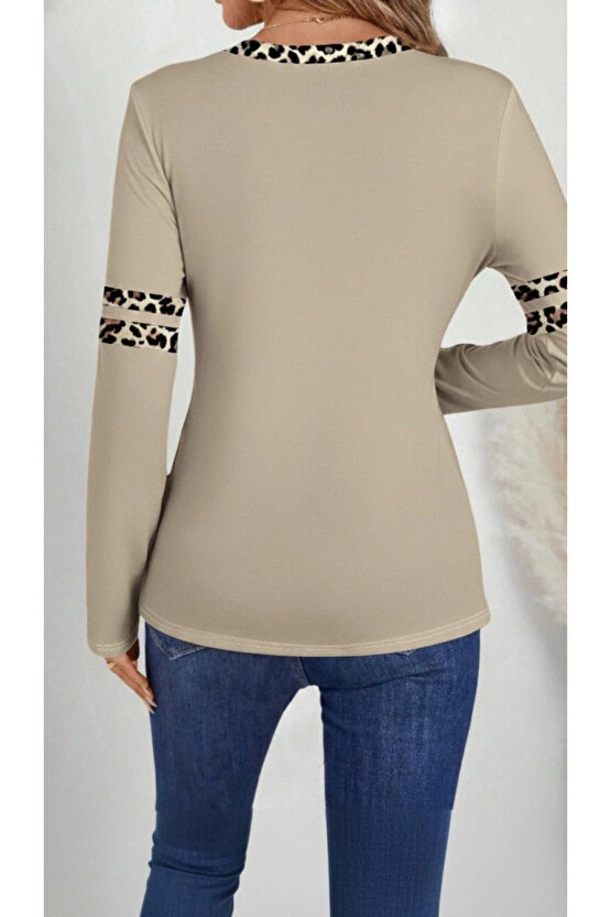 Kadın Uzun Kollu V Yakalı Leopar Desenli Viskon Iki Iplik Bluz