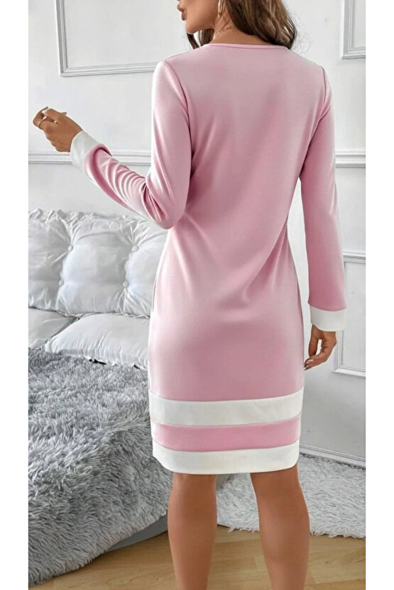 Kadın Uzun Kollu Yuvarlak Yaka Etek Ucu şerit Detaylı Mini Dalgıç Elbise