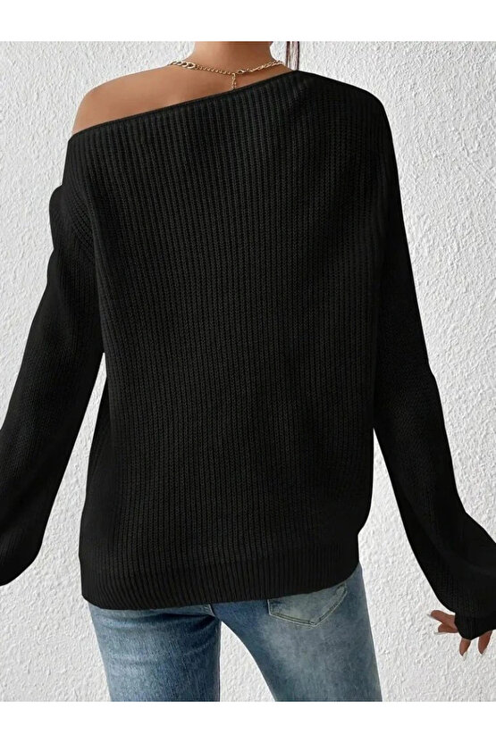 Kadın Uzun Kollu Tek Omuzu Açık Detaylı Triko Bluz