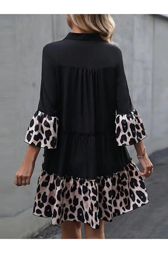 Kadın Fakir Kol V Yakalı Leopar Desen Detaylı Trikoton Elbise