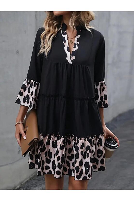 Kadın Fakir Kol V Yakalı Leopar Desen Detaylı Trikoton Elbise