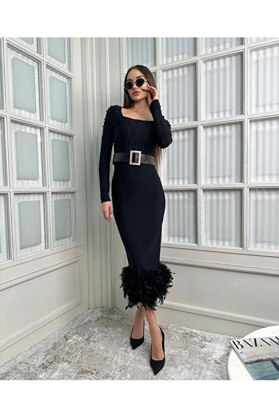 Kadın Etek Ucu Otriş Yakası Inci Detayli Midi Boy Elbise