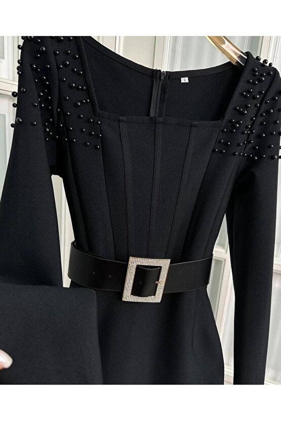 Kadın Etek Ucu Otriş Yakası Inci Detayli Midi Boy Elbise