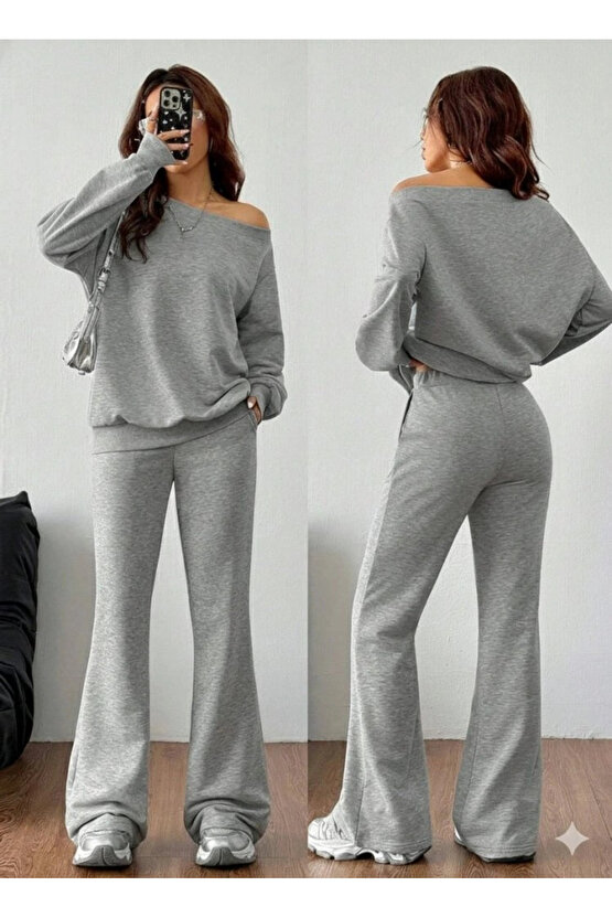 Kadın Uzun Kollu Tek Omuzdan Açık Iki Iplik Bluz Ve Pantolon Ikili Takım