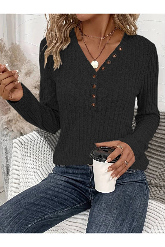 Kadın Uzun Kollu V Yakalı Düğmeli şardonlu Kaşkorse Bluz