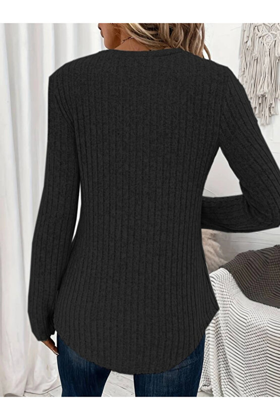 Kadın Uzun Kollu V Yakalı Düğmeli şardonlu Kaşkorse Bluz