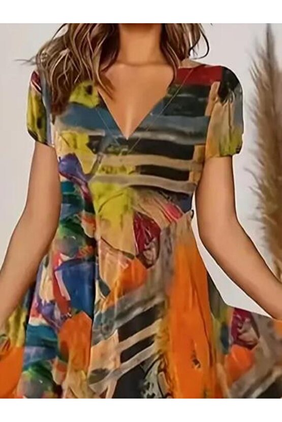 Kadın Kısa Kollu V Yaka Renkli Karışık Desen Kloş Süprem Midi Elbise