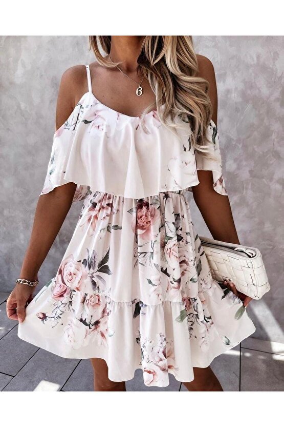 Kadın Gül Desenli Mikro Kumaş Mini Elbise