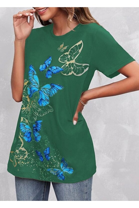 Kadın Kısa Kollu Mavi Sarı Kelebek Baskı Süprem Bluz