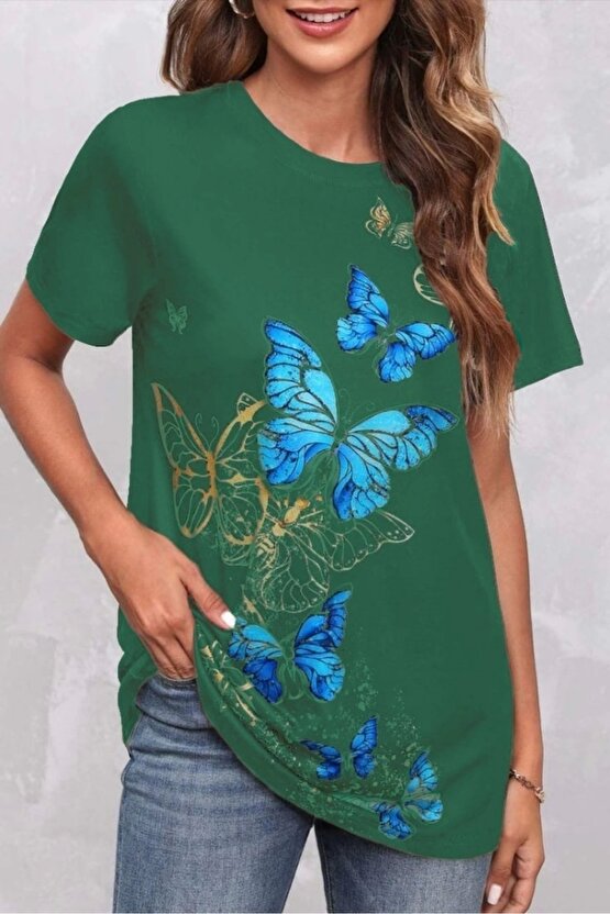Kadın Kısa Kollu Mavi Sarı Kelebek Baskı Süprem Bluz