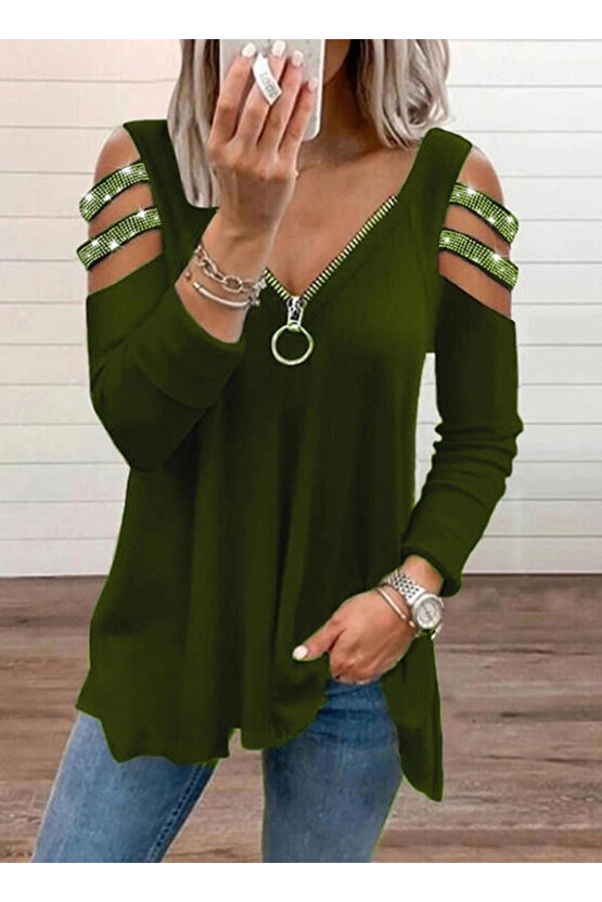 Kadın Haki Kolları Taş Işlemeli Uzun Kol Fermuarlı Viskon Bluz