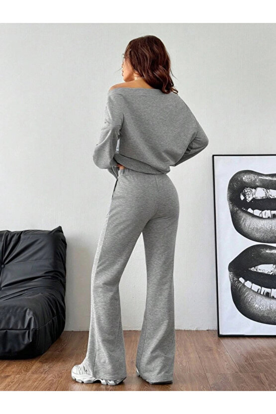 Kadın Uzun Kollu Tek Omuzdan Açık Iki Iplik Bluz Ve Pantolon Ikili Takım