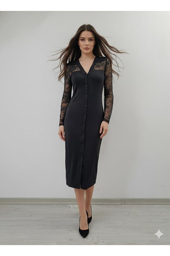 EQURİ Kadın Uzun Kollu Transparan Detay Midi Boy Elbise