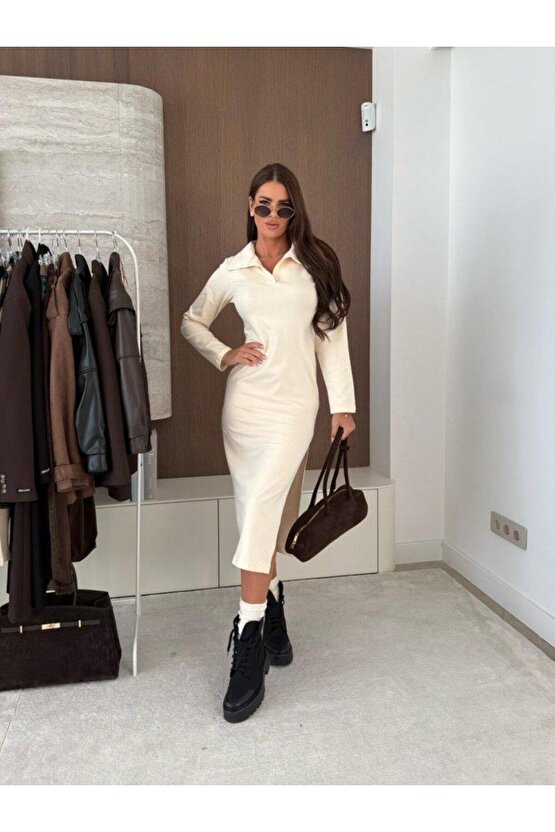 Kadın Uzun Kollu Yakalı Yandan Yırtmaçlı Midi Modal Elbise