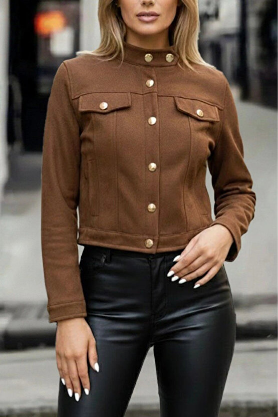 Kadın Uzun Kollu Yakadan Ve önden Düğmeli Süet Kısa Ceket